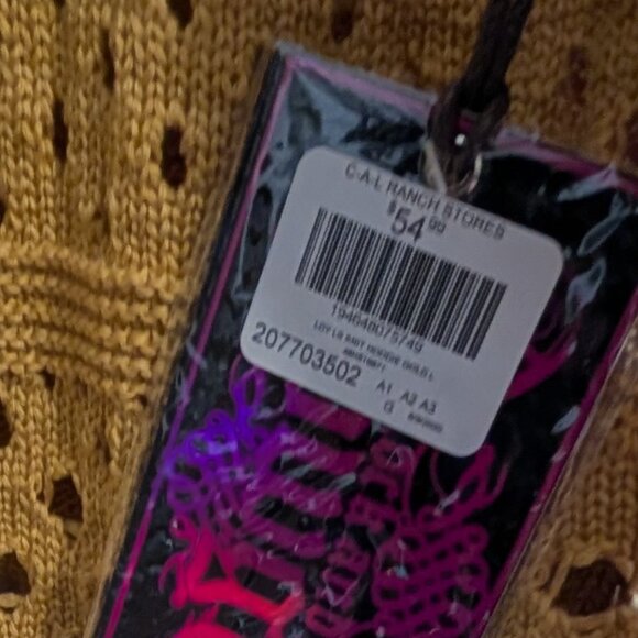 Rock & Roll Cowgirl Size L Yellow Hooded Loose Knit Sweater Front Pocket NWT - Picture 3 of 6